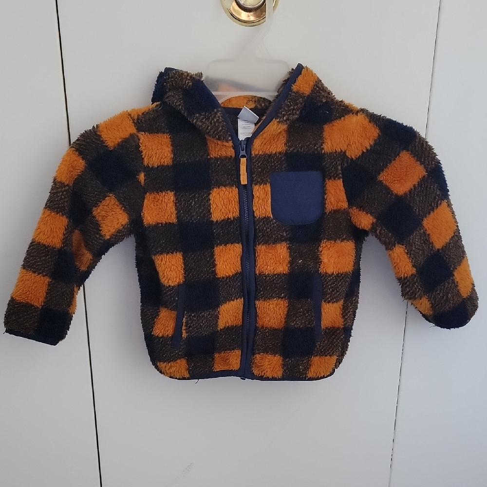 Little Me Fuzzy Plaid Hoodie - Orange and Blue